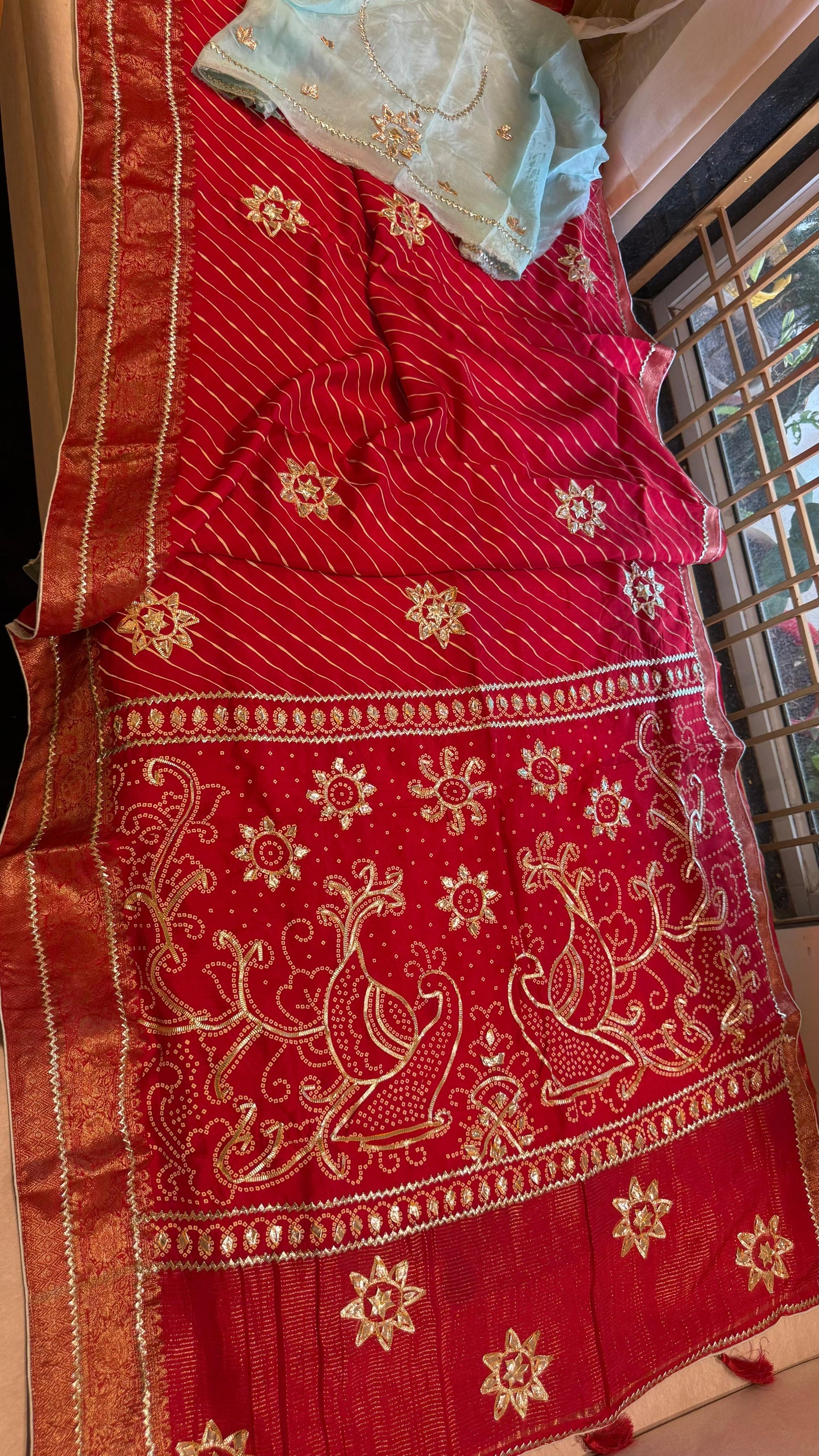 Designer Uppada Silk Saree with Jari Peacock Bandhej Lahriya Pallu & Gota Work