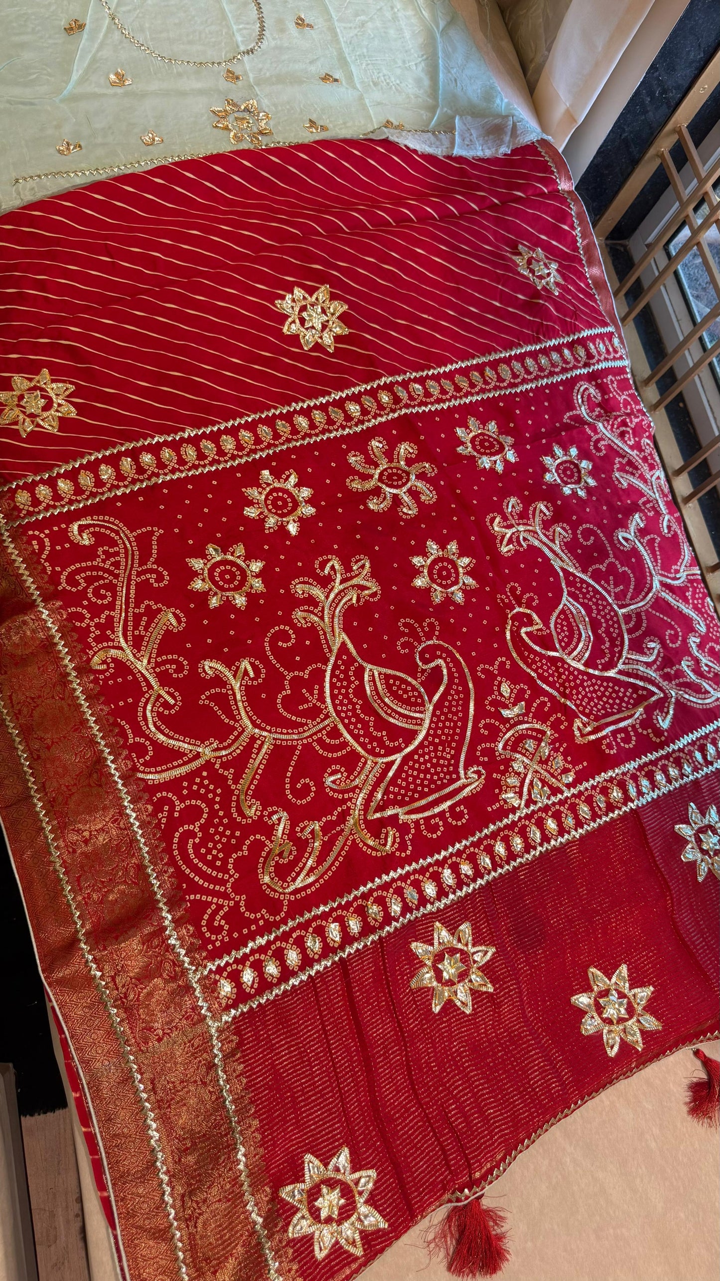 Designer Uppada Silk Saree with Jari Peacock Bandhej Lahriya Pallu & Gota Work