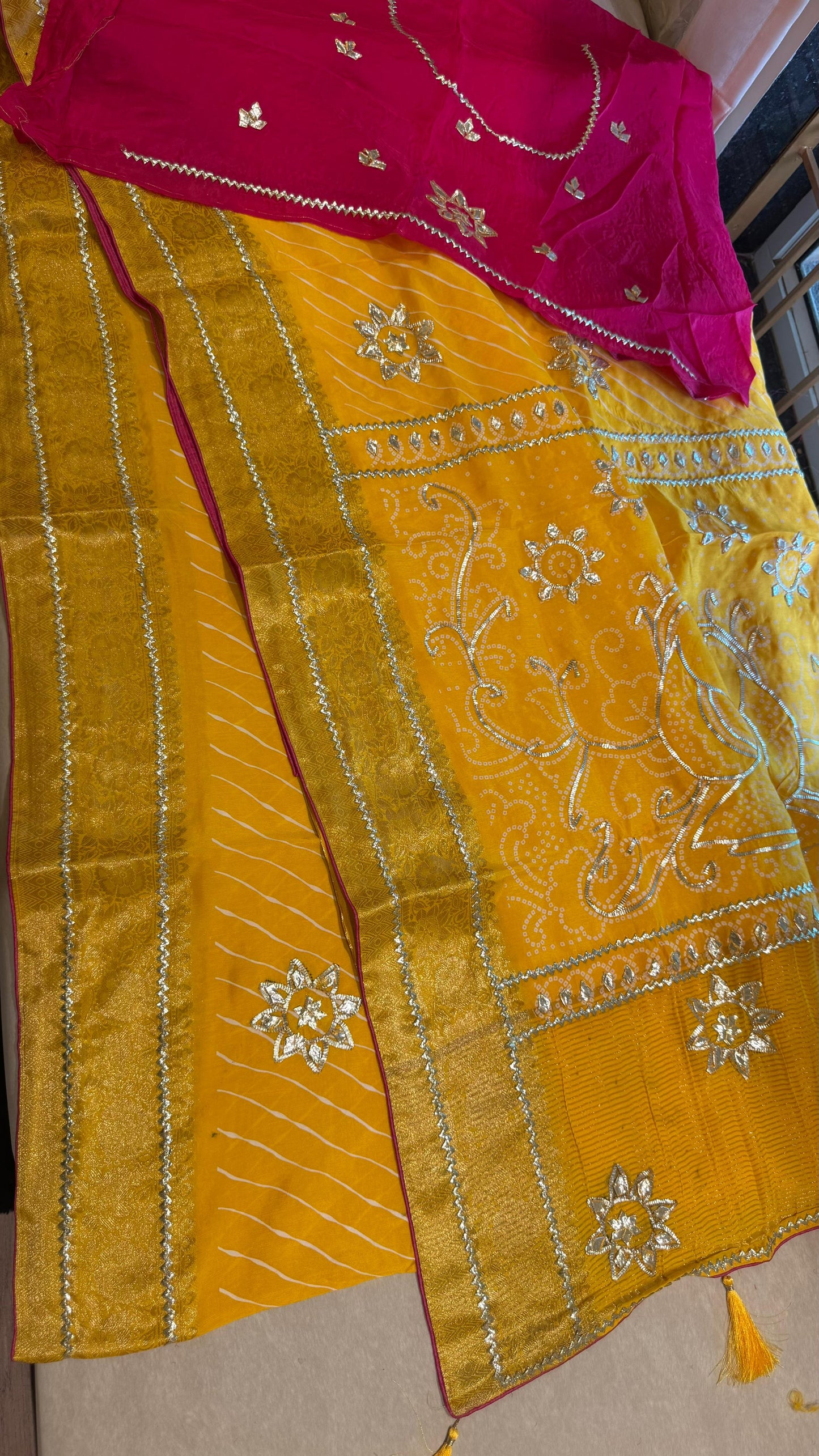 Designer Uppada Silk Saree with Jari Peacock Bandhej Lahriya Pallu & Gota Work