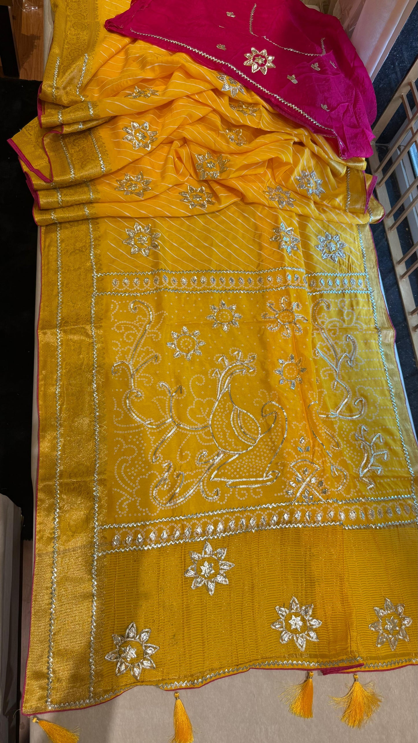 Designer Uppada Silk Saree with Jari Peacock Bandhej Lahriya Pallu & Gota Work