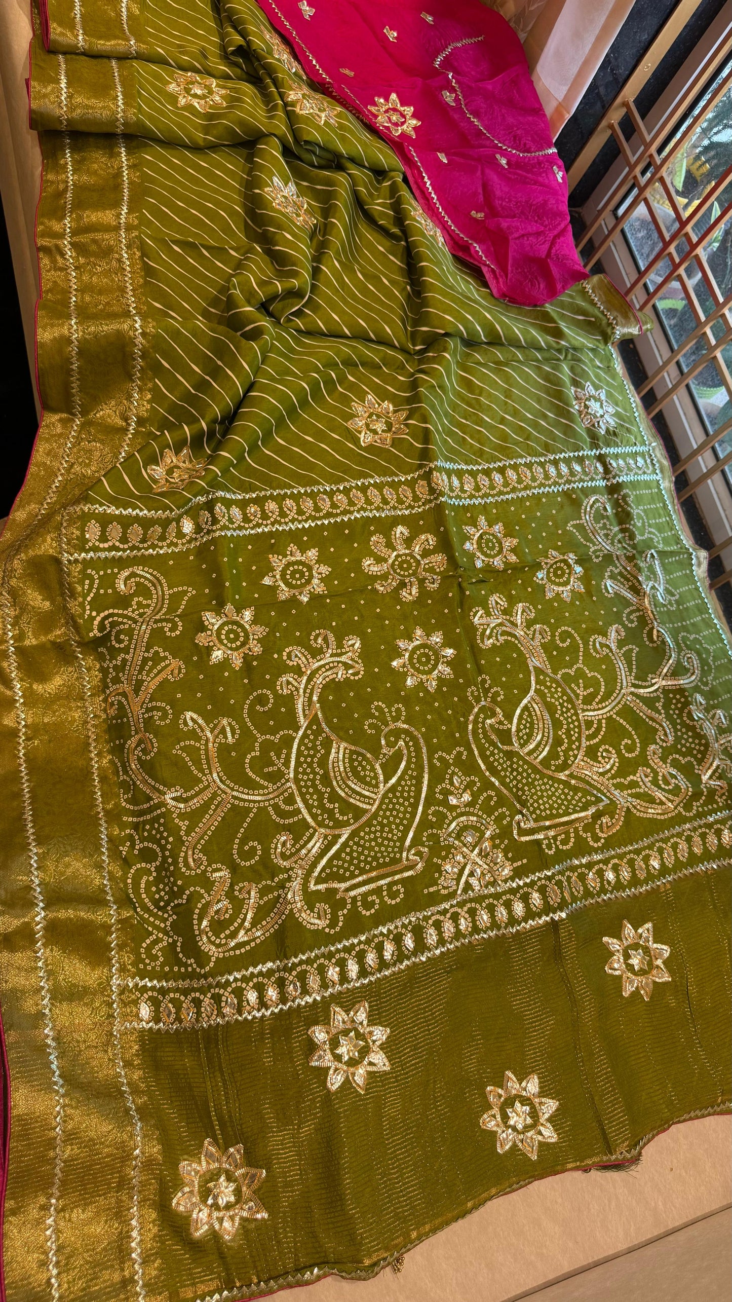 Designer Uppada Silk Saree with Jari Peacock Bandhej Lahriya Pallu & Gota Work