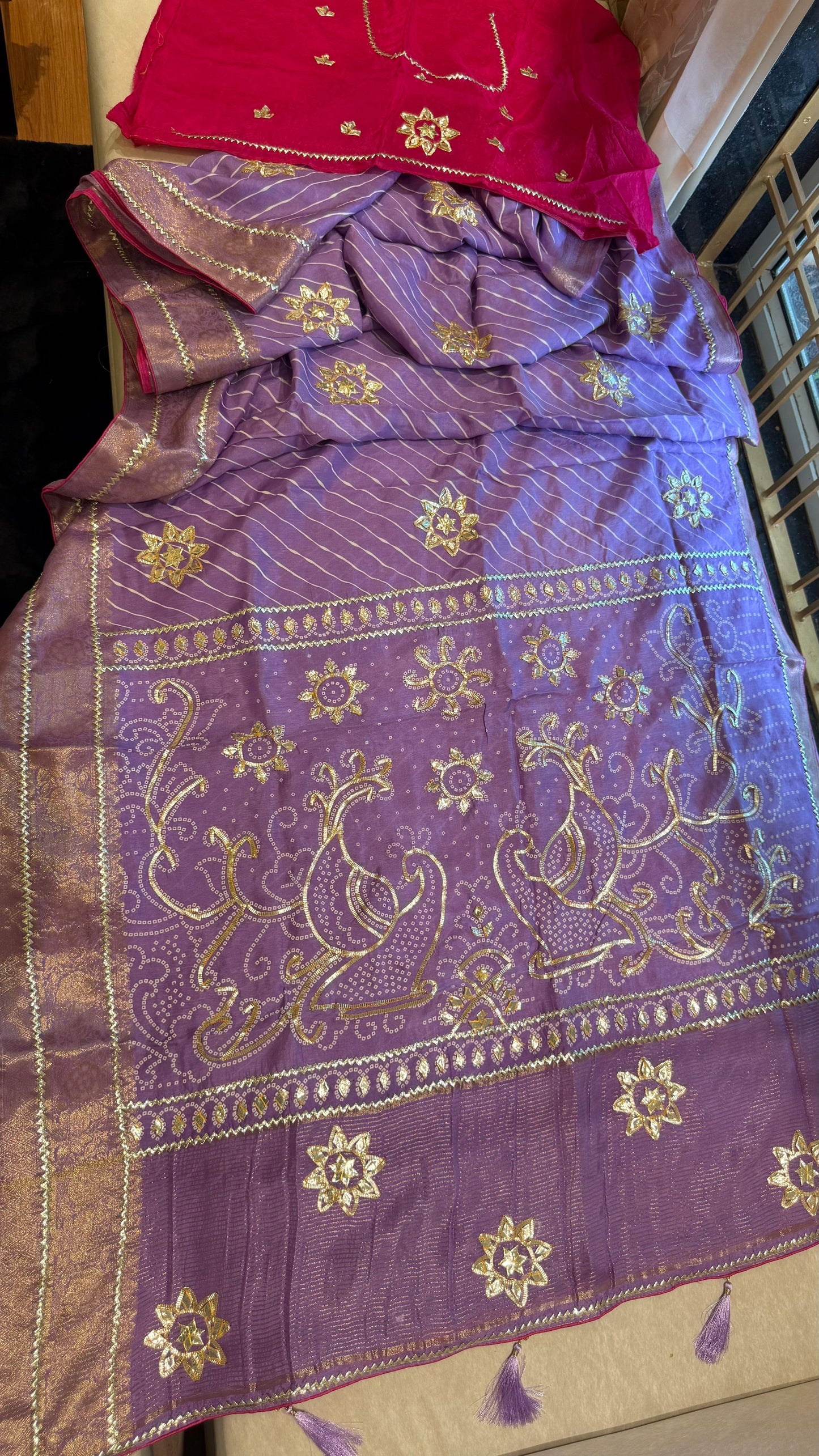 Designer Uppada Silk Saree with Jari Peacock Bandhej Lahriya Pallu & Gota Work