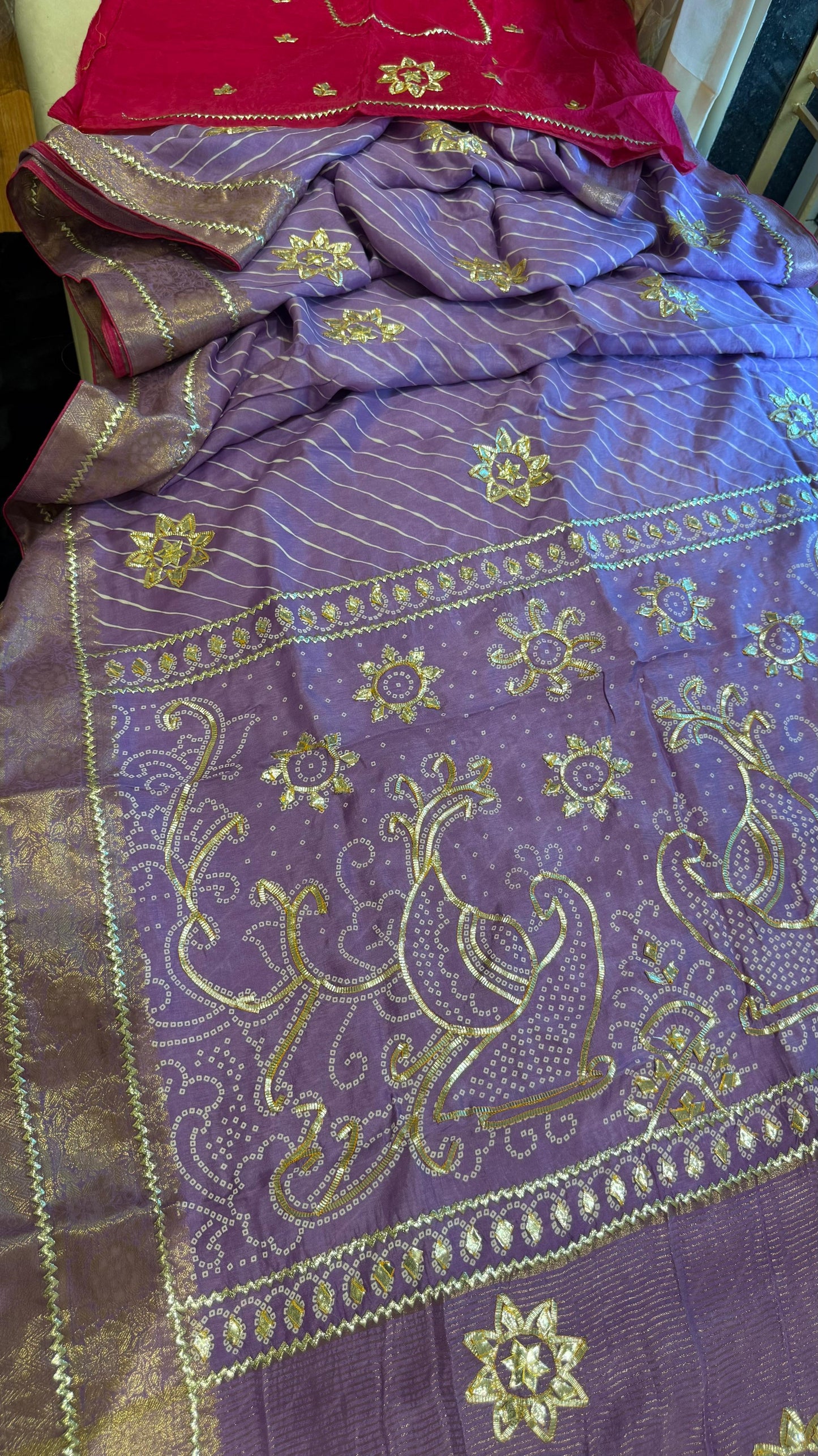 Designer Uppada Silk Saree with Jari Peacock Bandhej Lahriya Pallu & Gota Work