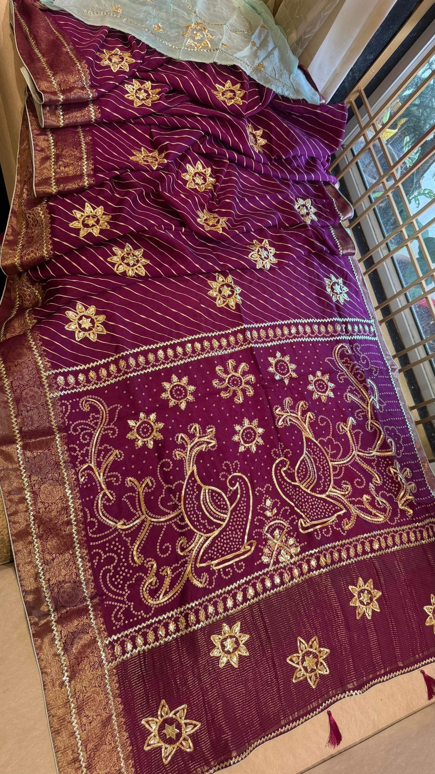 Designer Uppada Silk Saree with Jari Peacock Bandhej Lahriya Pallu & Gota Work