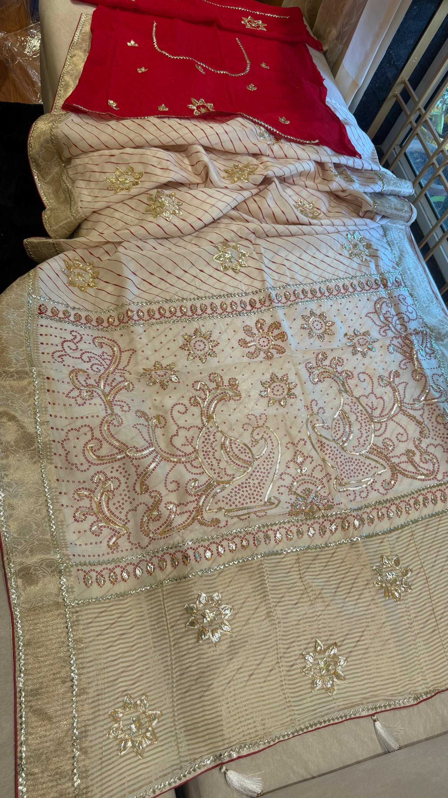 Designer Uppada Silk Saree with Jari Peacock Bandhej Lahriya Pallu & Gota Work