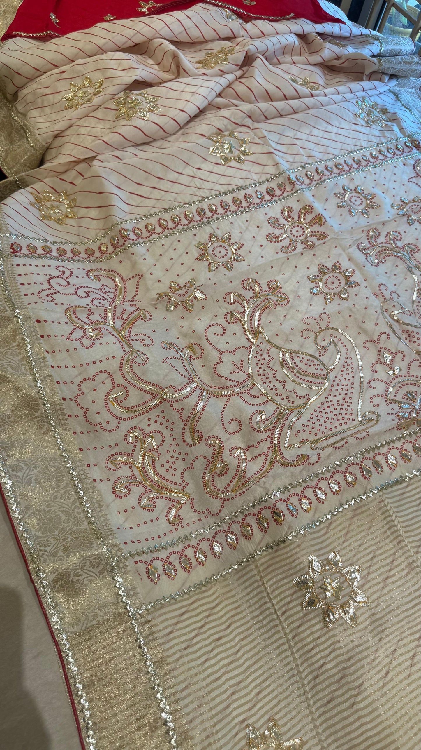 Designer Uppada Silk Saree with Jari Peacock Bandhej Lahriya Pallu & Gota Work