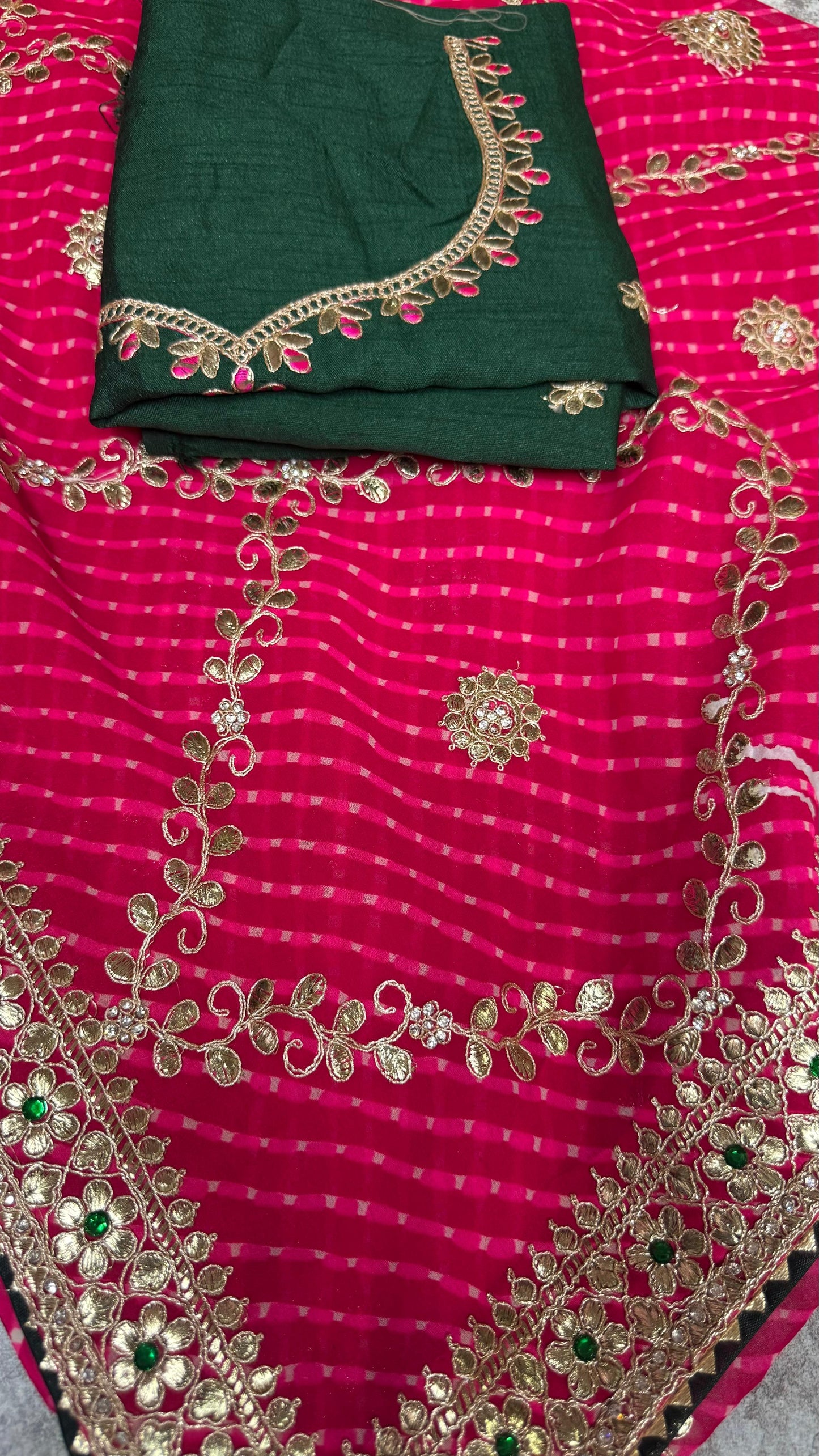 Red Lahariya Georgette Saree with Heavy Gota Patti & Green Contrast Blouse