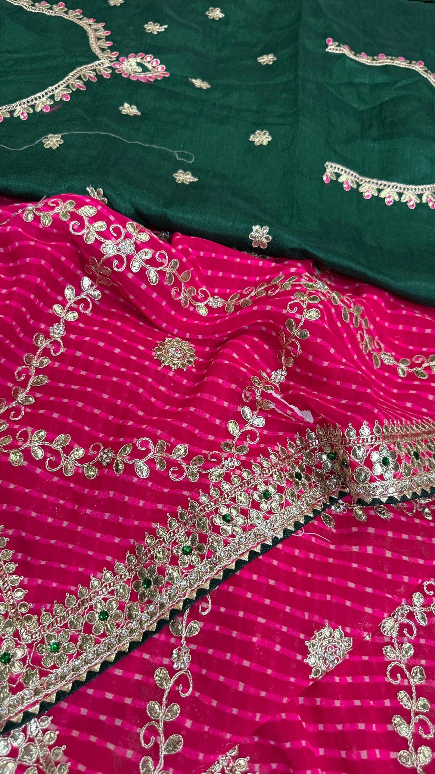 Red Lahariya Georgette Saree with Heavy Gota Patti & Green Contrast Blouse