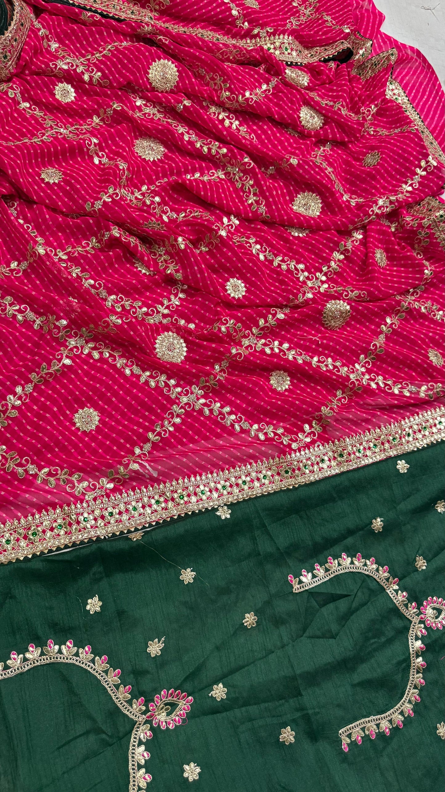 Red Lahariya Georgette Saree with Heavy Gota Patti & Green Contrast Blouse