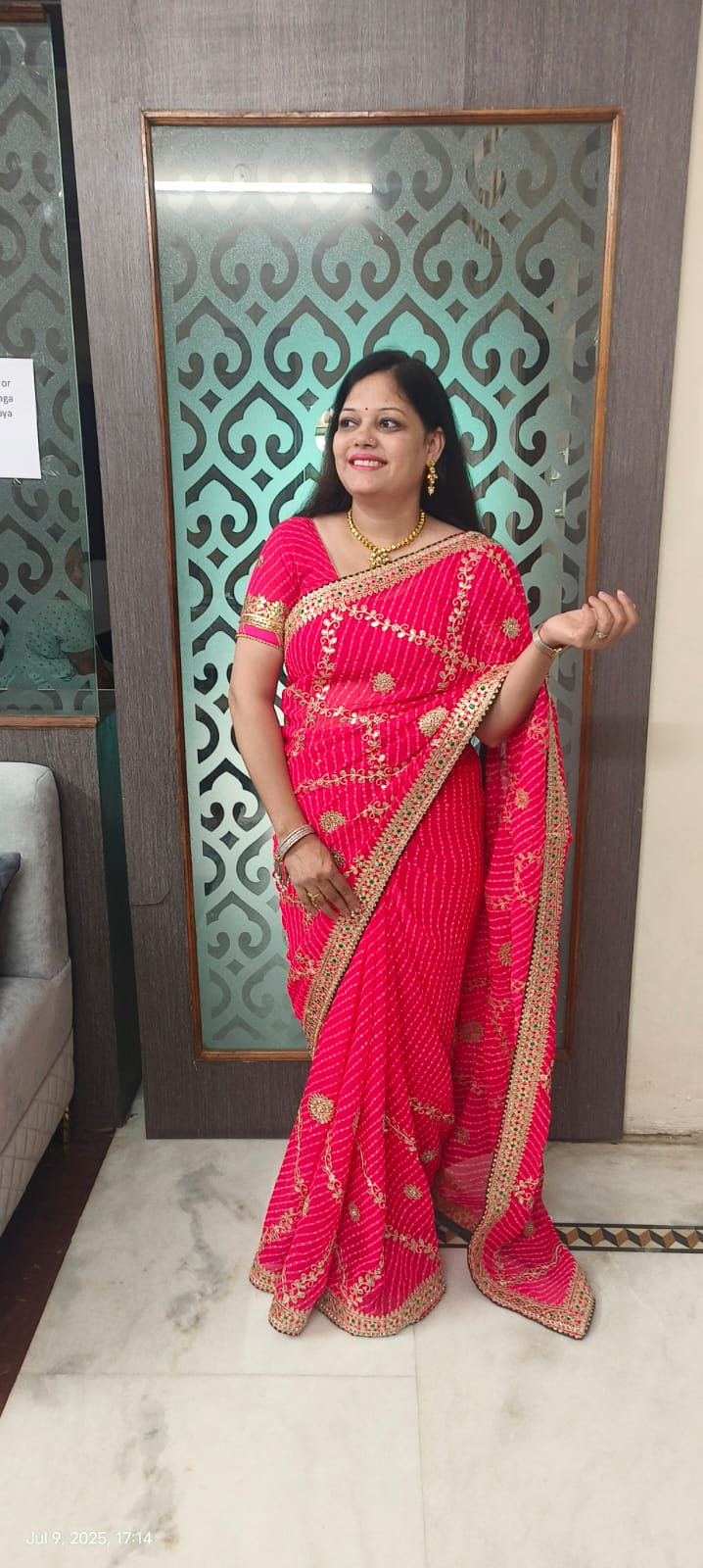 Red Lahariya Georgette Saree with Heavy Gota Patti & Green Contrast Blouse