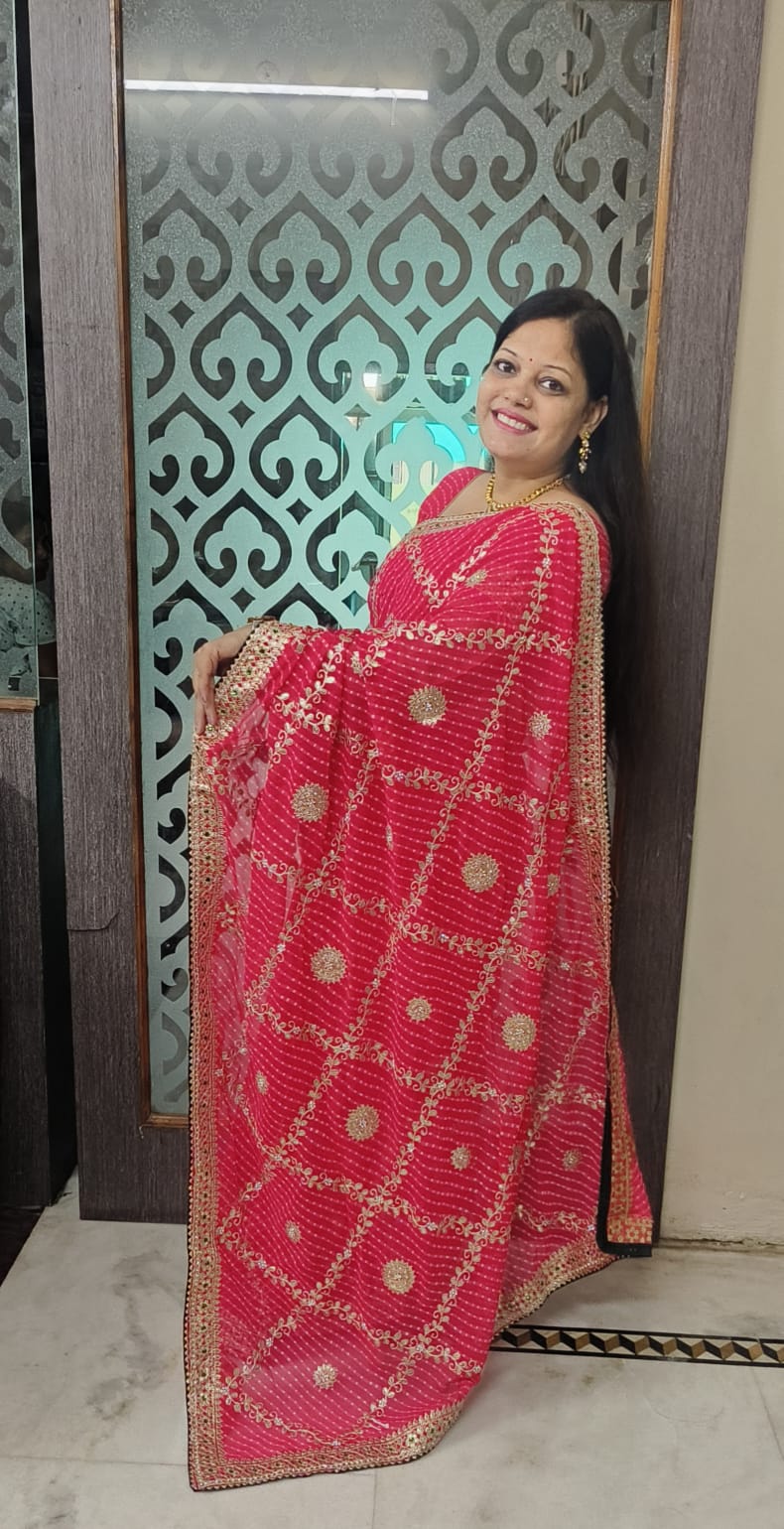 Red Lahariya Georgette Saree with Heavy Gota Patti & Green Contrast Blouse