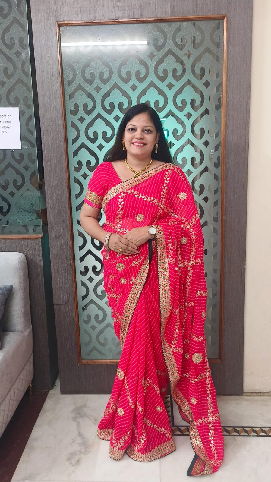Red Lahariya Georgette Saree with Heavy Gota Patti & Green Contrast Blouse