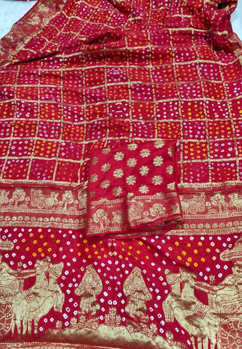 Pure Moonga Silk Bandhej Saree with Traditional Zari Border & Pallu