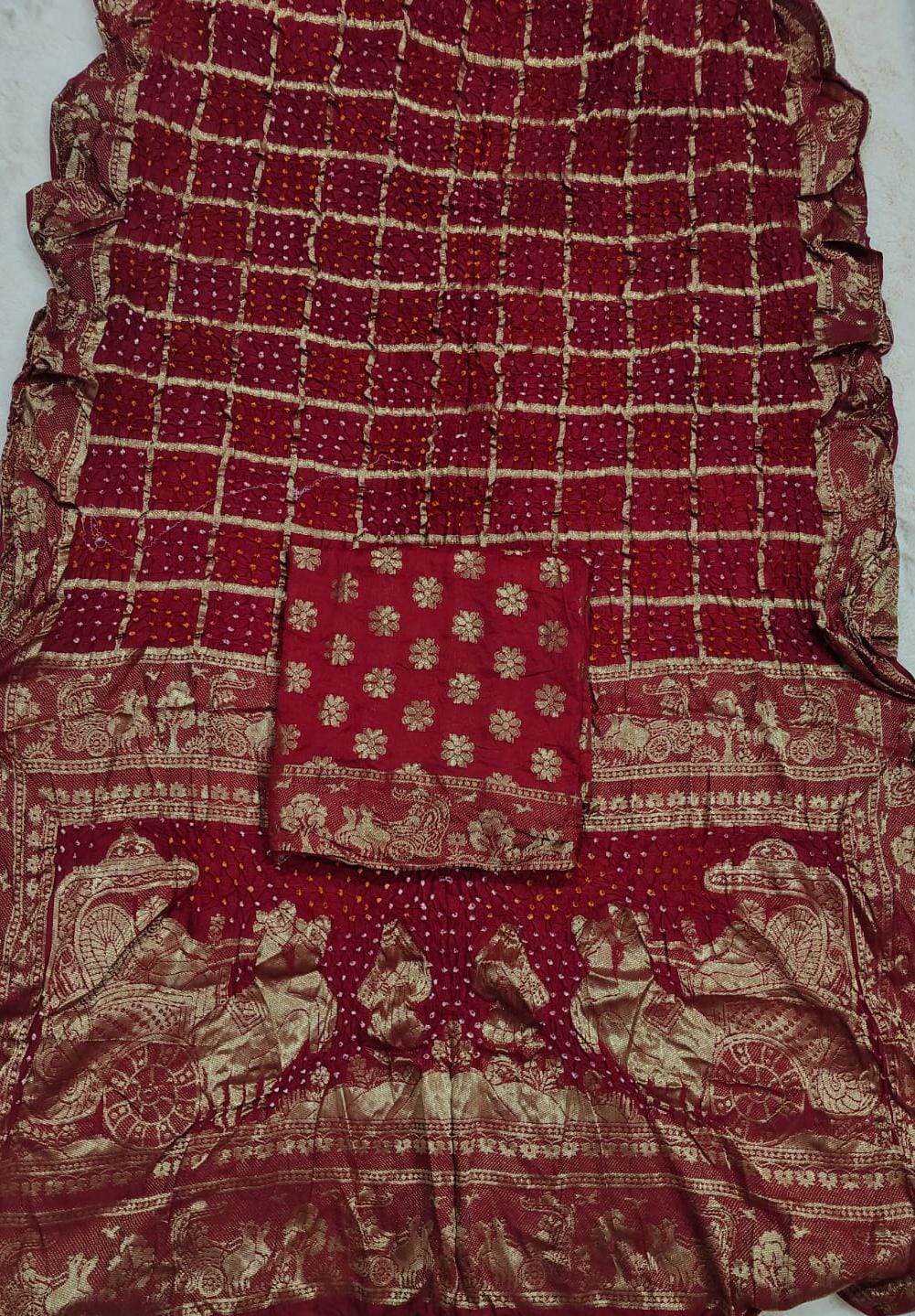 Pure Moonga Silk Bandhej Saree with Traditional Zari Border & Pallu