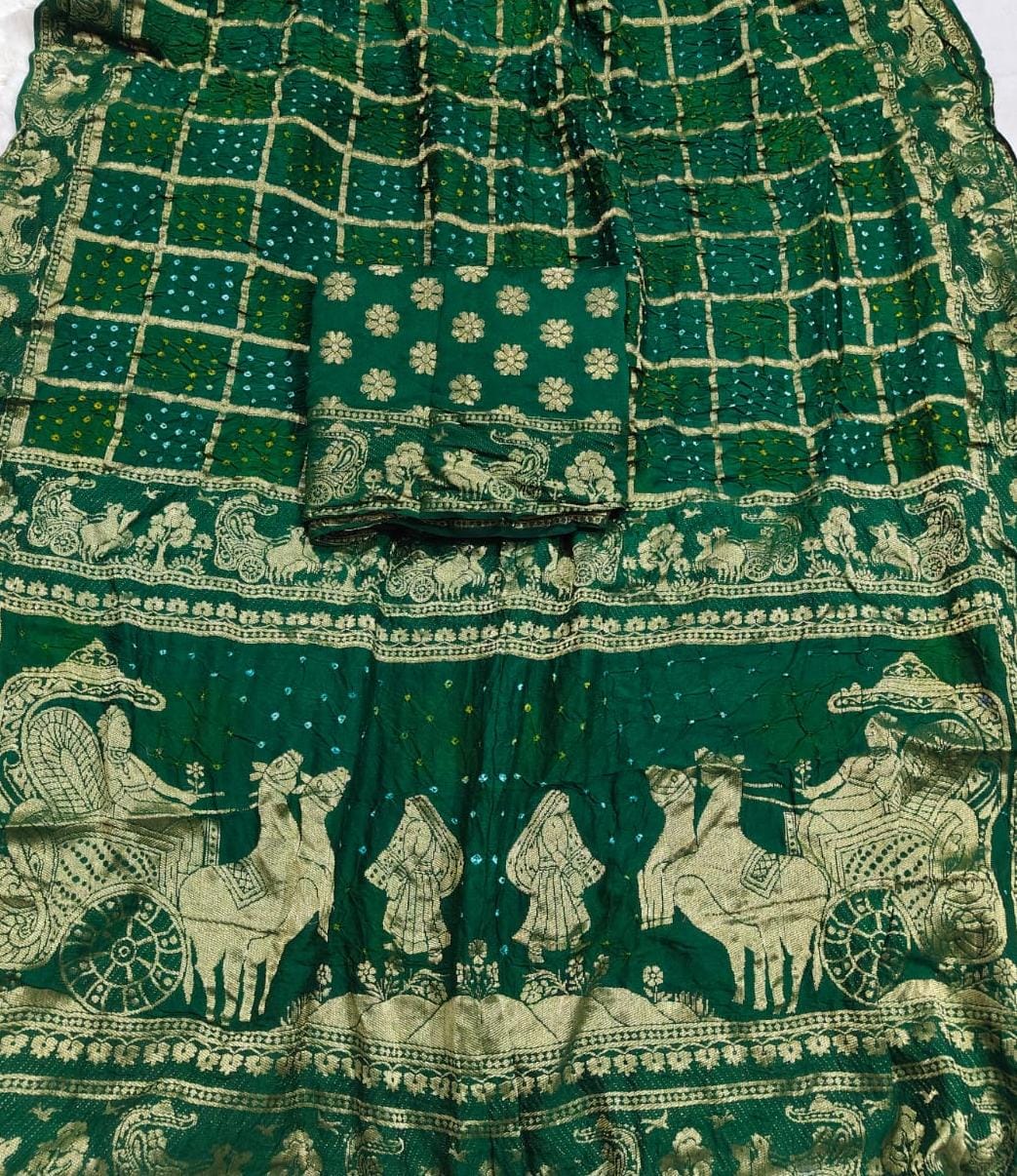 Pure Moonga Silk Bandhej Saree with Traditional Zari Border & Pallu