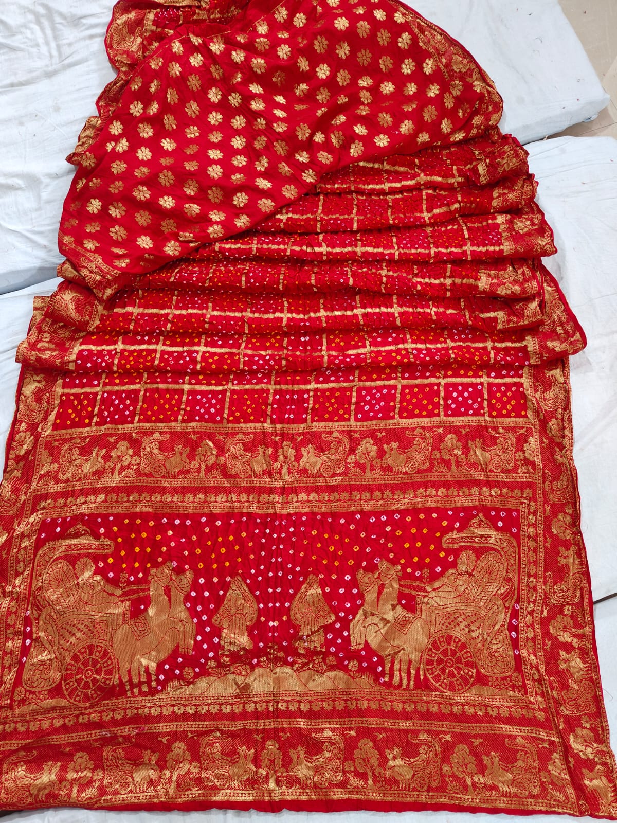 Pure Moonga Silk Bandhej Saree with Traditional Zari Border & Pallu