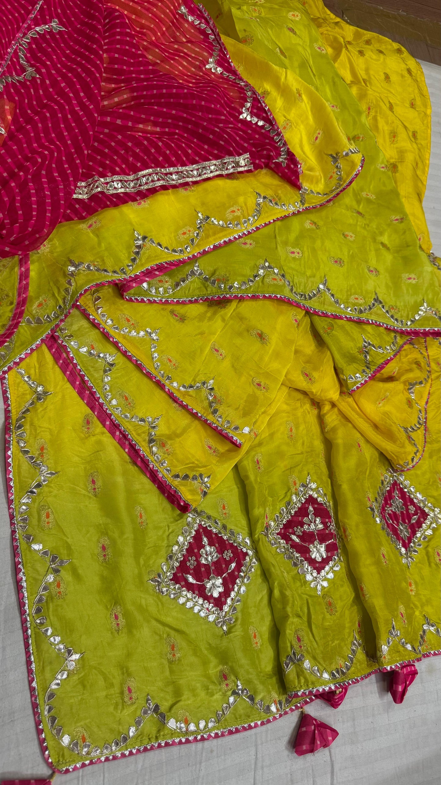 Handcrafted Meena Gota Patti Saree in Pure Crepe Silk with Designer Pallu and Contrast Blouse