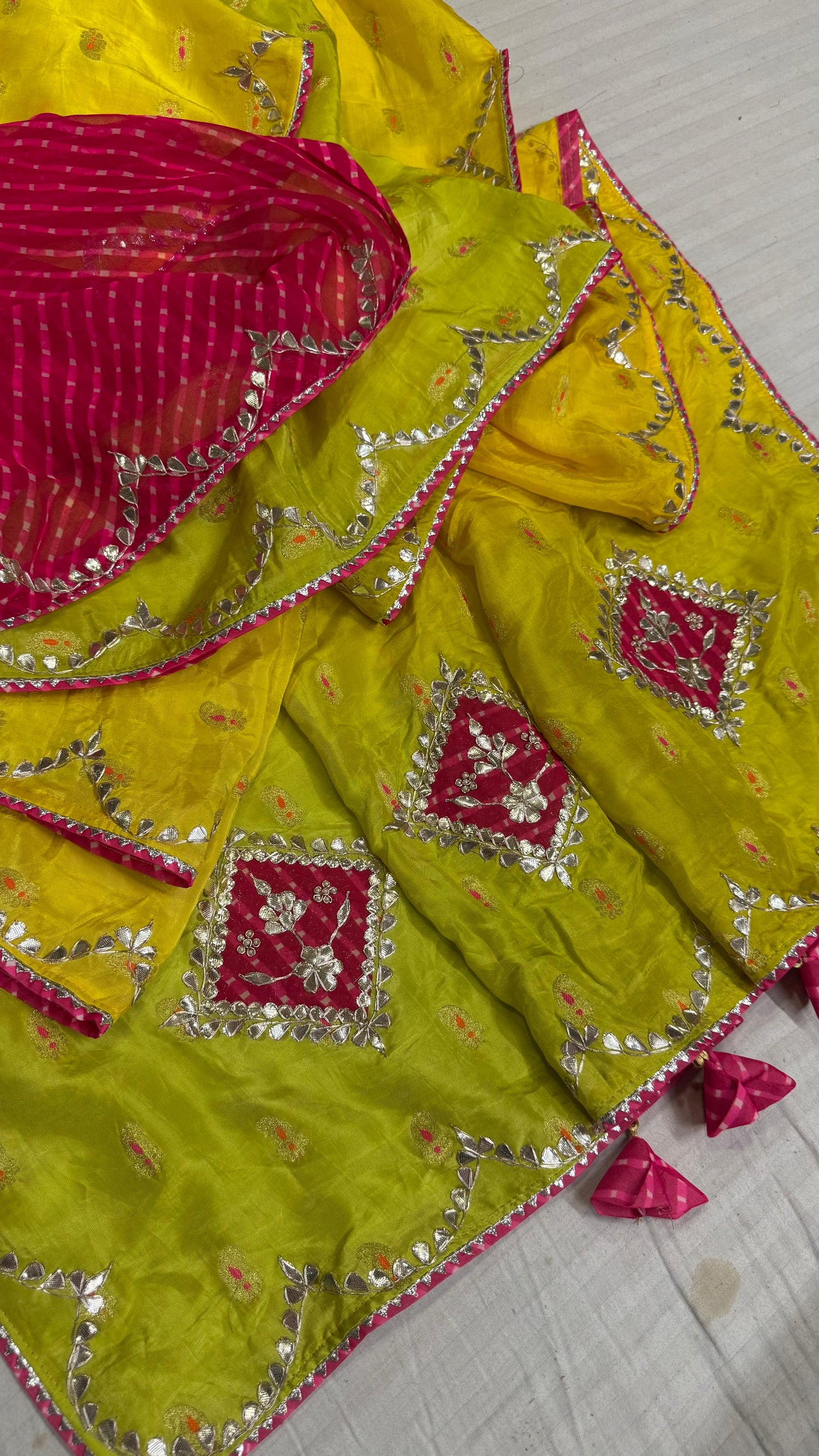Handcrafted Meena Gota Patti Saree in Pure Crepe Silk with Designer Pallu and Contrast Blouse