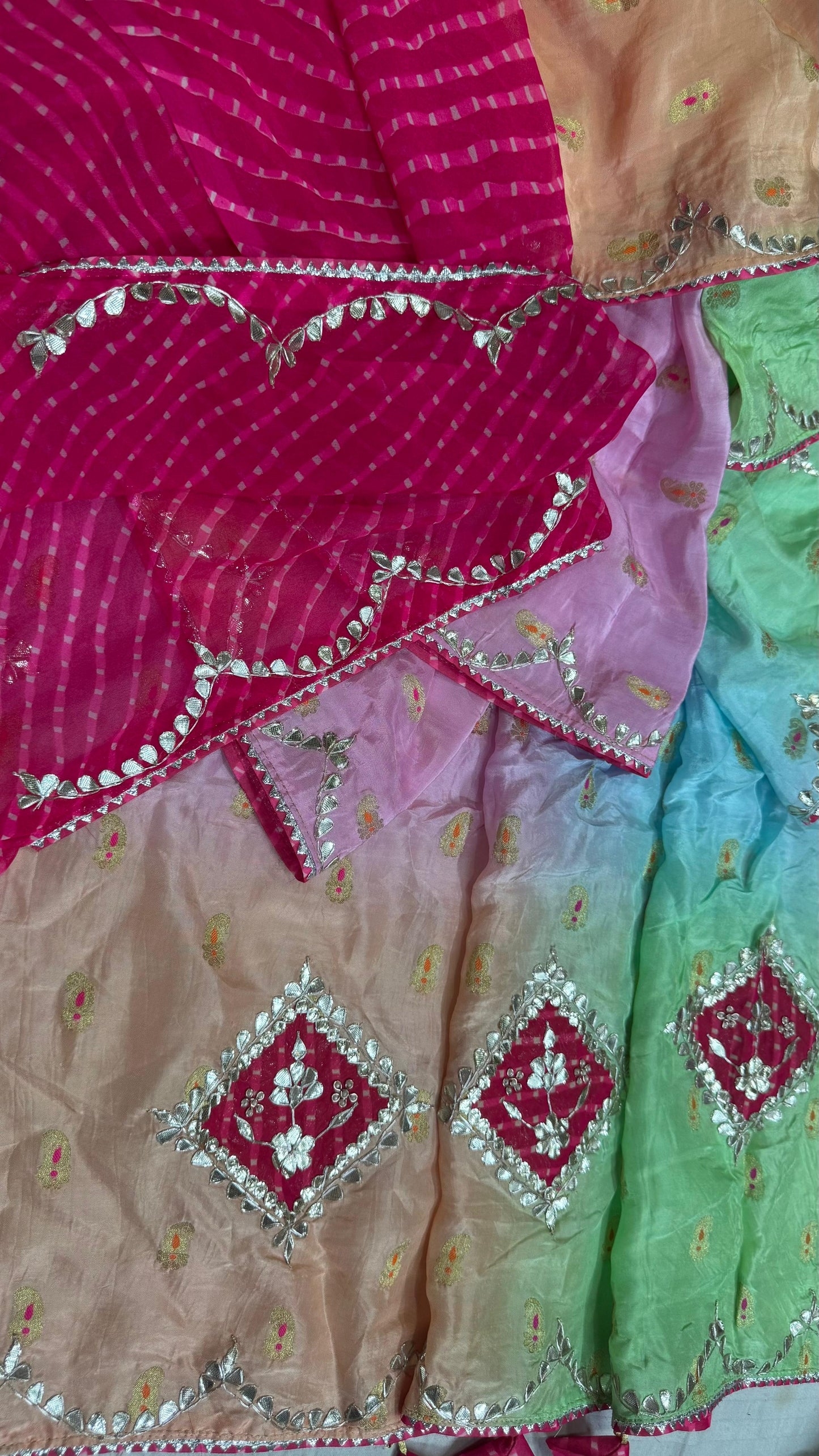 Handcrafted Meena Gota Patti Saree in Pure Crepe Silk with Designer Pallu and Contrast Blouse
