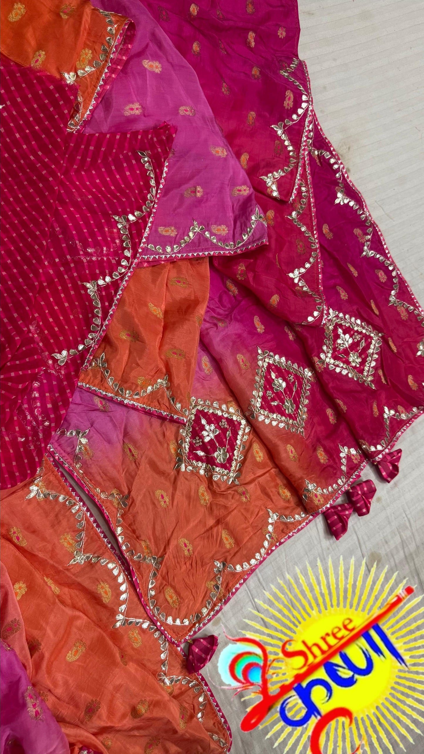Handcrafted Meena Gota Patti Saree in Pure Crepe Silk with Designer Pallu and Contrast Blouse