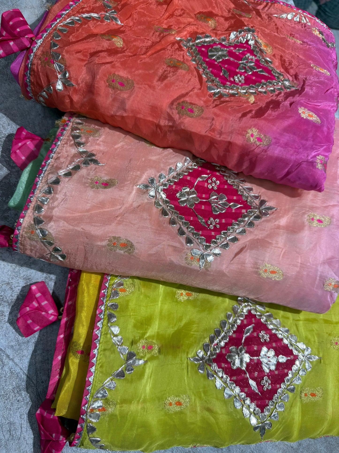 Handcrafted Meena Gota Patti Saree in Pure Crepe Silk with Designer Pallu and Contrast Blouse