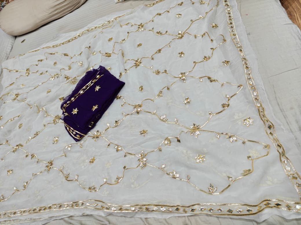 Pure Diamond Chiffon Jaipuri Multi Dye Saree with Kacha Gotta Patti Work | Matching Blouse