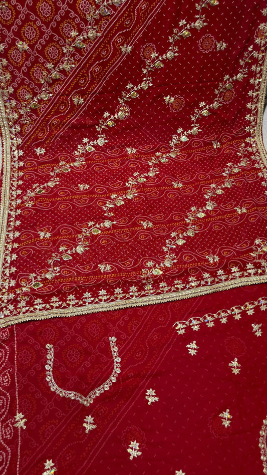 Pure Georgette Rai Bandhej Saree with Heavy Jardozi Work & Fancy Jaal Border