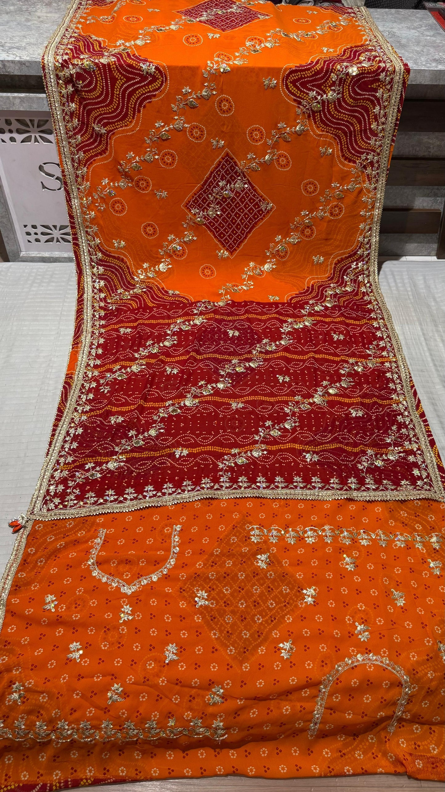 Pure Georgette Rai Bandhej Saree with Heavy Jardozi Work & Fancy Jaal Border