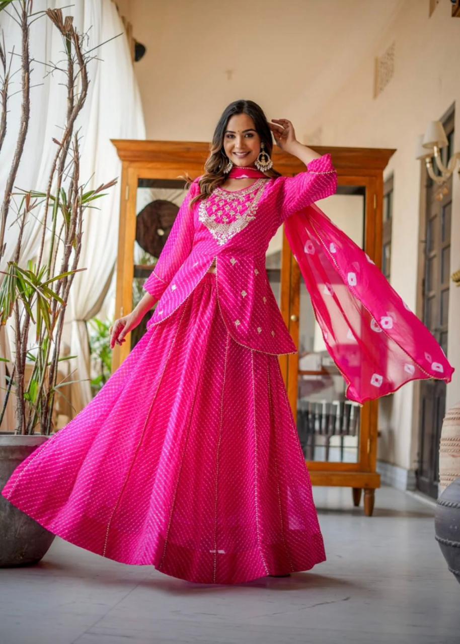 Georgette Leheriya Mothra Print Lehenga with Peplum Top