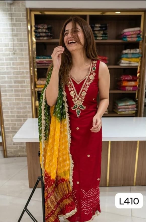 Jaipuri Modal Silk Unstitched Bandhani Gota Suit with Ghatchola Dupatta