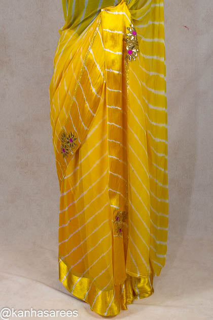 Yellow leheriya handwork buti saree - KANHASAREE
