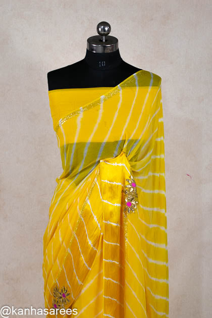 Yellow leheriya handwork buti saree - KANHASAREE