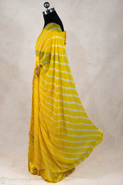 Yellow leheriya handwork buti saree - KANHASAREE