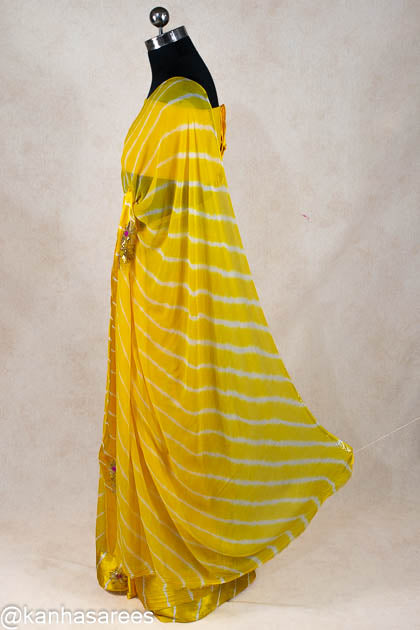Yellow leheriya handwork buti saree - KANHASAREE