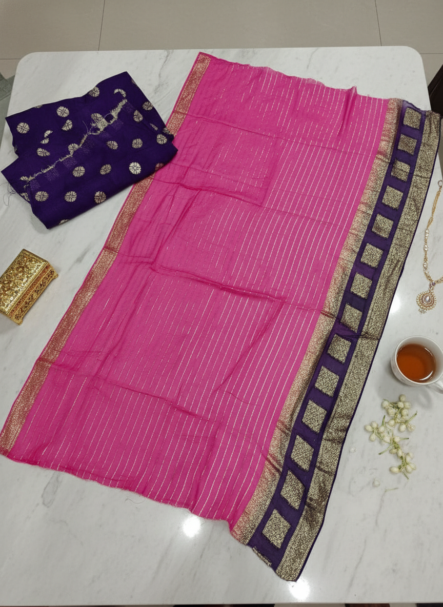 Pure Georgette Pink Saree with Zari Border