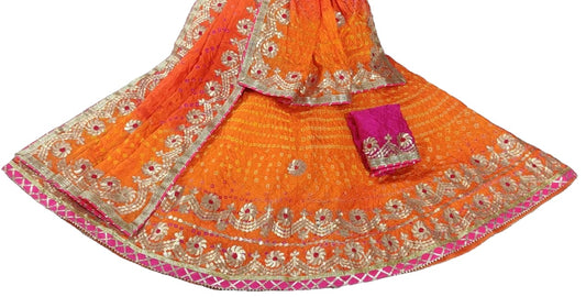 Traditional Jaipuri Bandhej Silk Lehenga with Heavy Gota Patti Work - KANHASAREE