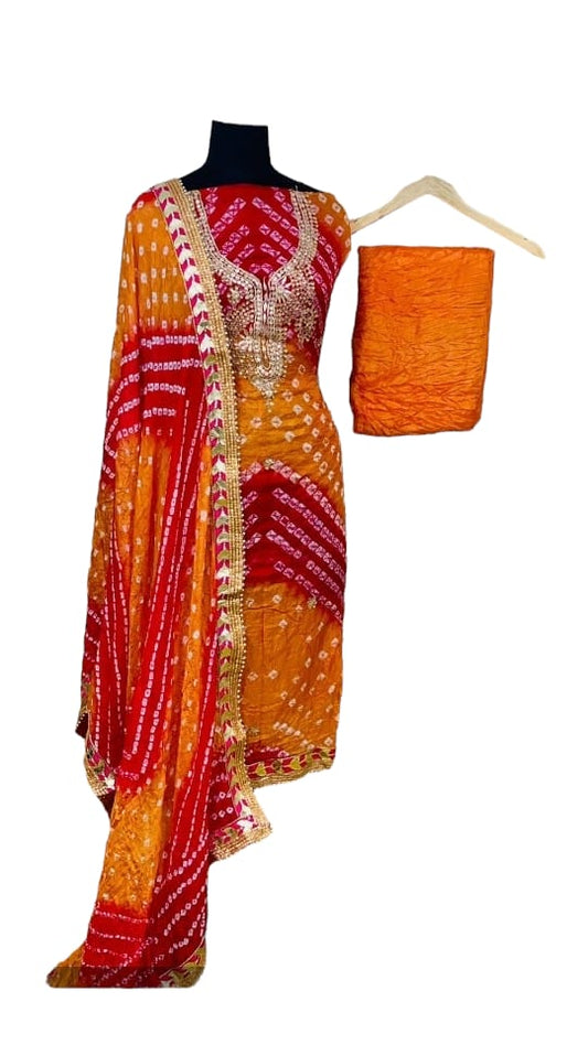 Bandhej Silk Jaipuri Suit Material with Hand Gota Patti Work & Gotta Border Dupatta - KANHASAREE