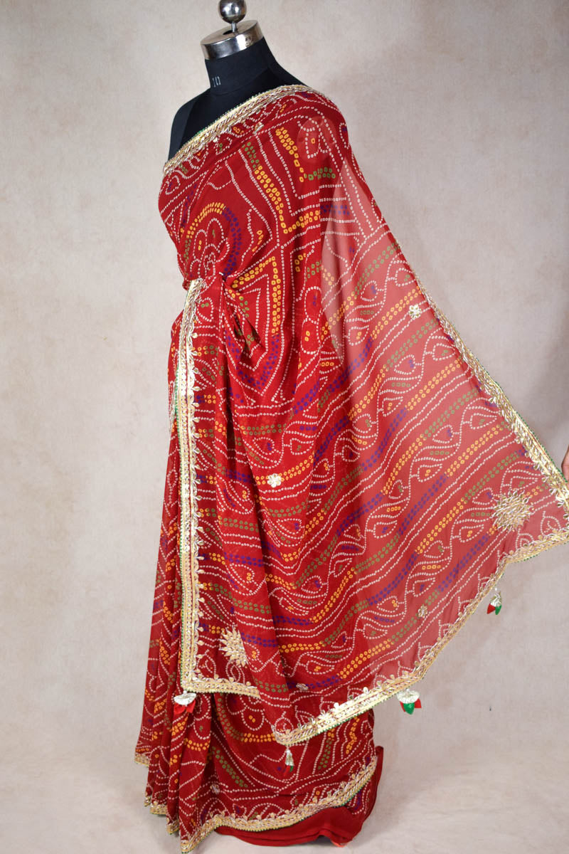 Traditional Red Bandhani Gota Patti Hand Work Saree - KANHASAREE