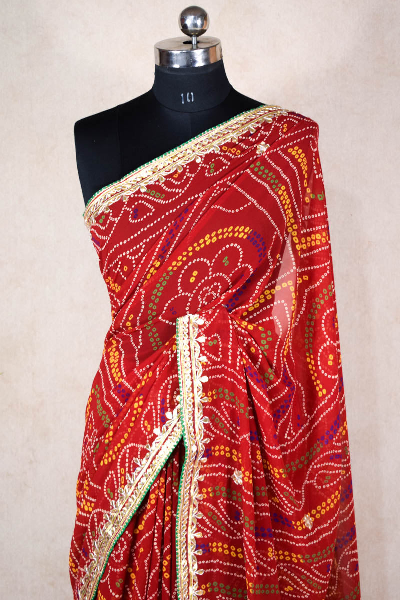 Traditional Red Bandhani Gota Patti Hand Work Saree - KANHASAREE