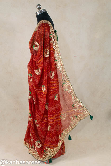 Bandhani Gotapatti Saree in red - KANHASAREE