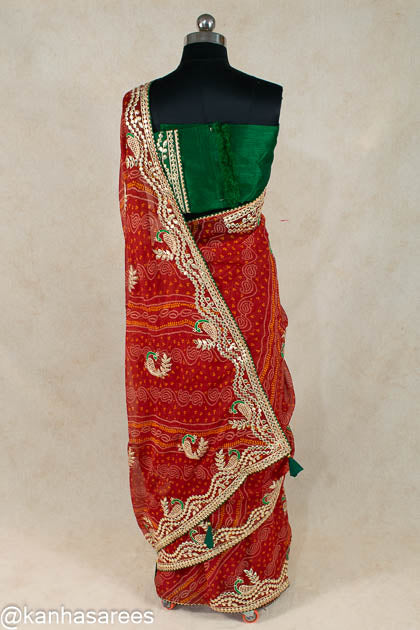 Bandhani Gotapatti Saree in red - KANHASAREE