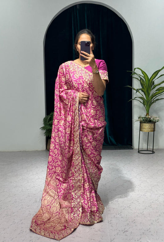 Trending Bandhani Print Saree with Sequins Embroidery & Gota Patti Work - Traditional Elegance - KANHASAREE
