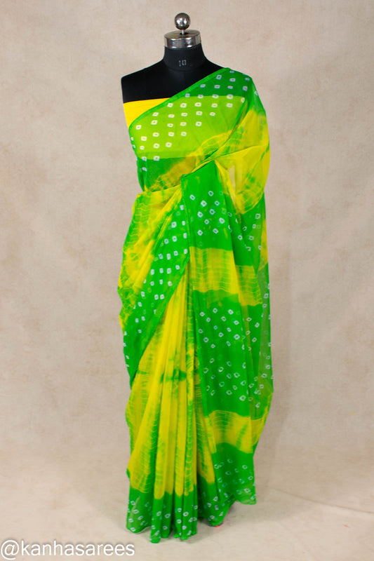 Shibori dye Chiffon bandhani saree in green colour - KANHASAREE
