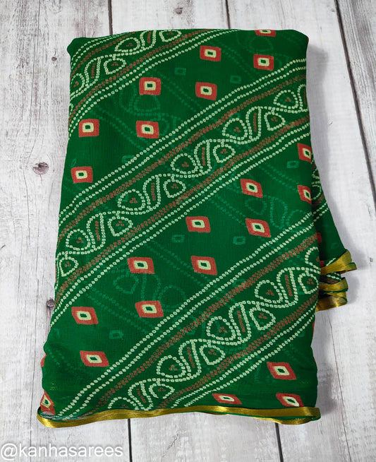 Chiffon Bandhani saree in Green with red gulti - KANHASAREE