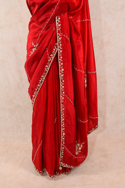 Red Crepe Silk Handwork Jaal Saree - KANHASAREE