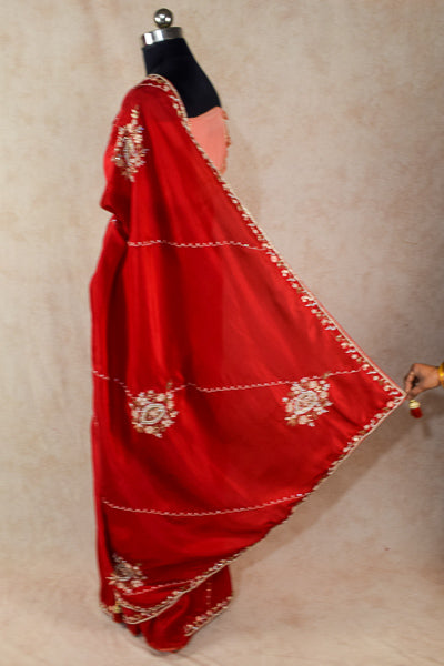 Red Crepe Silk Handwork Jaal Saree - KANHASAREE