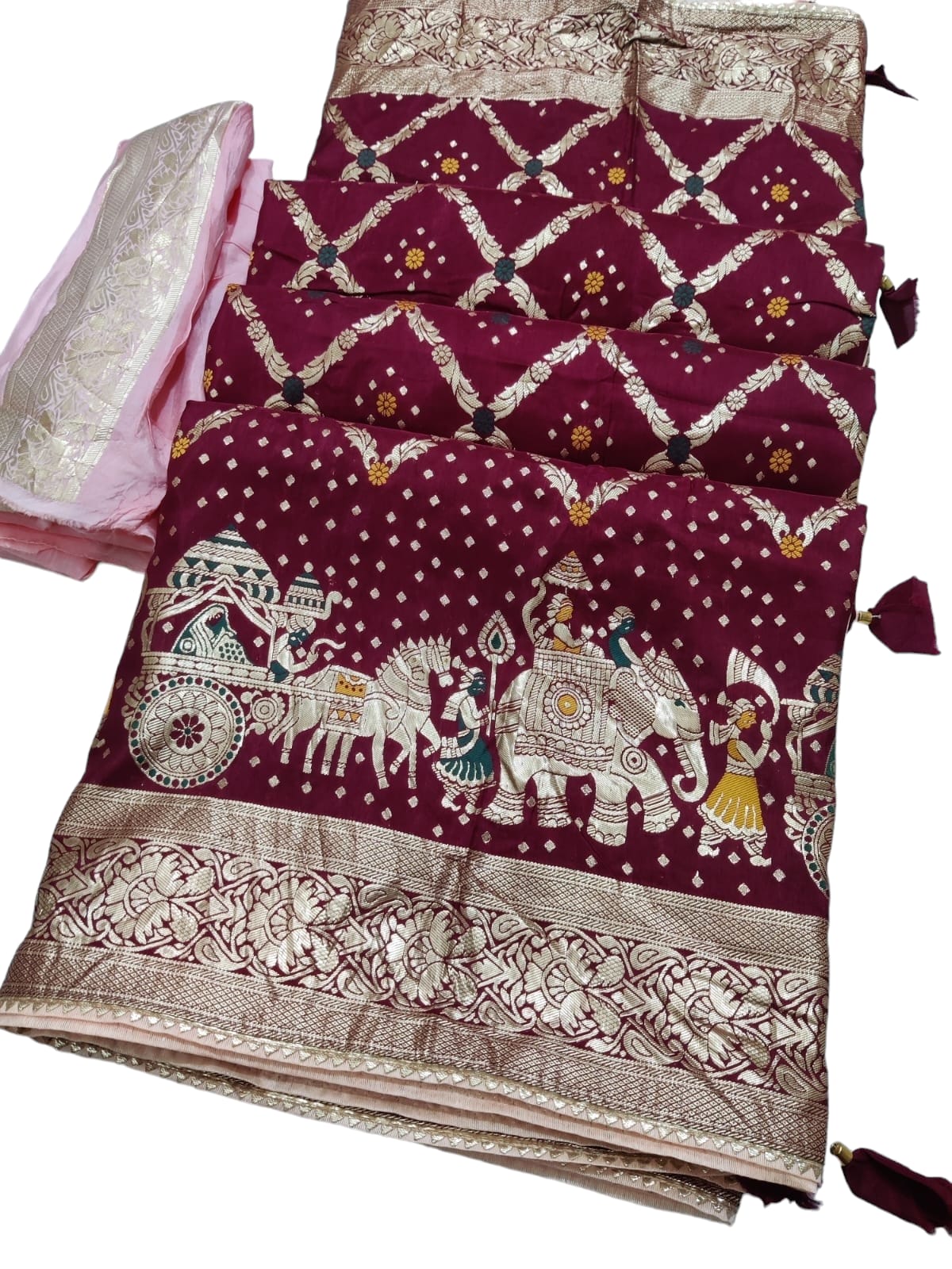 Pure Dola Fabric Saree with Meenakari Zari Weaving for Weddings