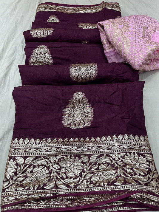 Pure Russian Banarasi Dola Silk Saree with Zari Border - Elegant & Luxurious - Kanhasarees by ksds