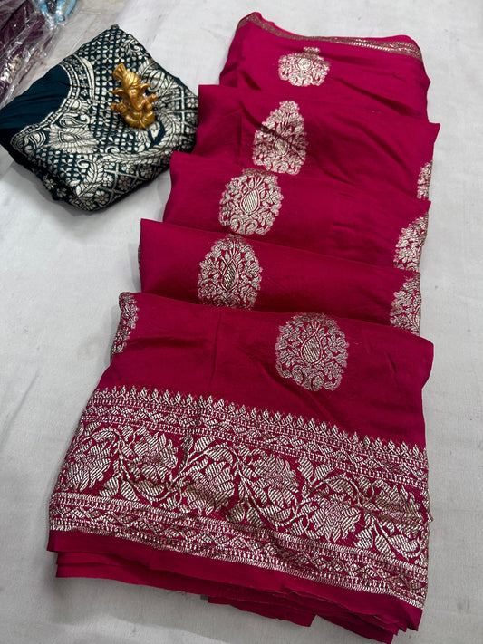 Pure Russian Dola Zari Saree with Heavy Zari Weaving & Contrast Zari Blouse - Jaipuri Design - Kanhasarees by ksds