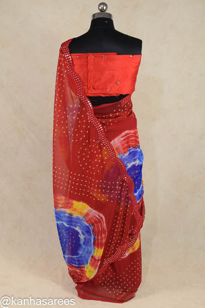 Red shibori saree with foil mirror work border - KANHASAREE